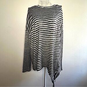 Ana black & white striped long-sleeved top w/tie at waist, Sz L. Preowned. EUC.